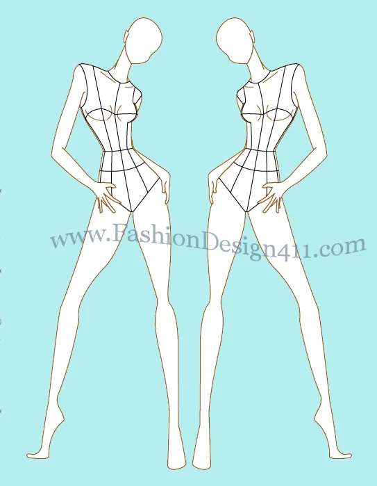 Front View of a K-Girl, Female Model fashion croqui Template (047) - group 8