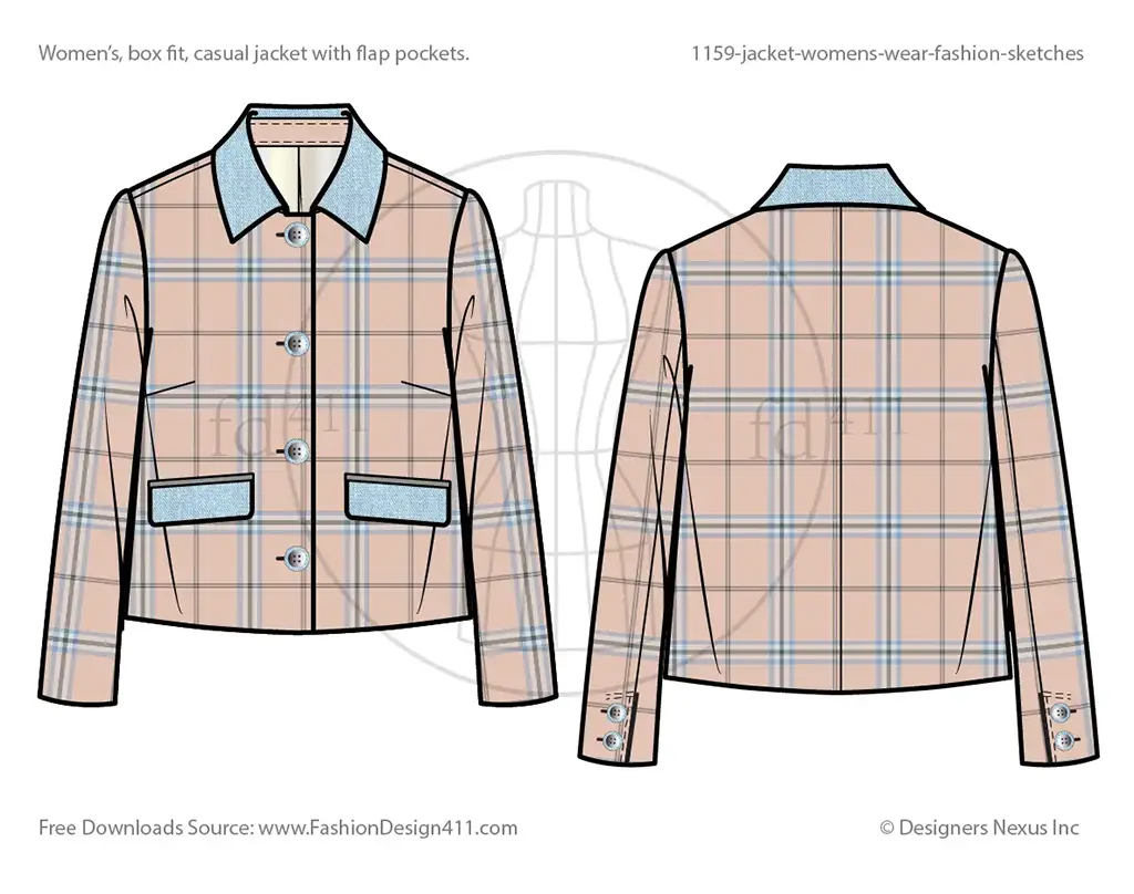 Rendered fashion flat sketch of a cropped, box fit women's jacket with a shirt collar and flap pockets.