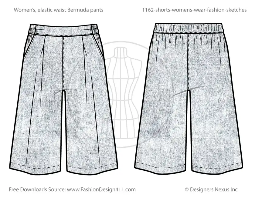 Fashion Flat Sketches features front and back view of a women's Bermuda Shorts.