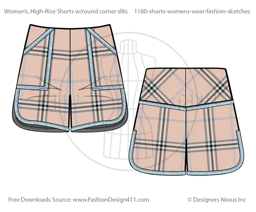 Flat Fashion Sketch of Women's Wear High Rise shorts
